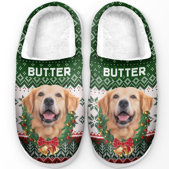 Custom Photo Santa's Little Helper Right Here - Dog & Cat Personalized Fluffy Slippers