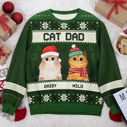 Merry Christmas Cat Dad Cat Mom Personalized Custom Unisex Ugly Xmas Gift Wool Sweatshirt