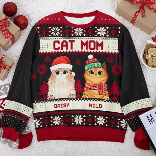 Cat Mom Cat Dad Merry Christmas Personalized Custom Unisex Ugly Xmas Gift Wool Sweatshirt