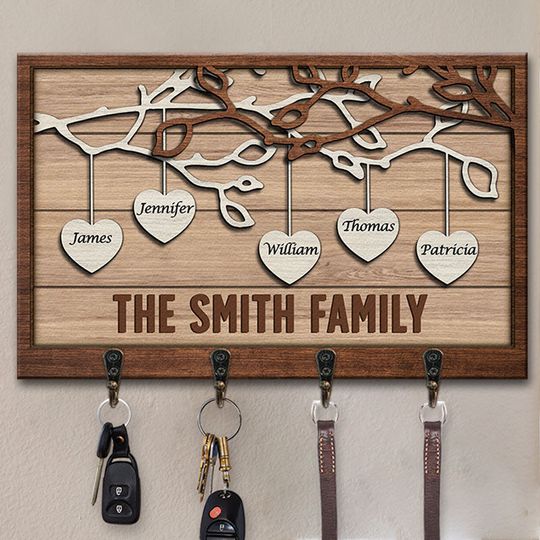 Love Grows Here - Family Personalized Custom Rectangle Shaped Key Hanger, Key Holder