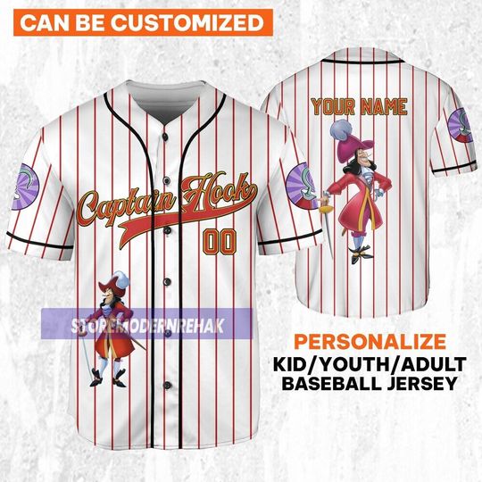 Personalize Peter Pan Captain Hook Striped Red, Custom Kid Youth Adult Baseball Jersey, Disney Jersey