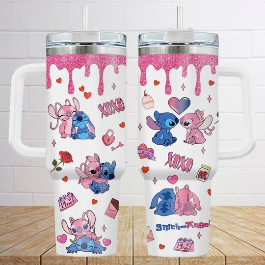Stitch And Angel Tumbler 40oz, Stitch Valentine Stainless Tumbler, Disney Couple Tumbler