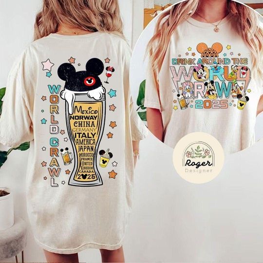 Two-sided Mickey & Friends Disney Epcot Drinking Around the World Crawl 2025 Shirt