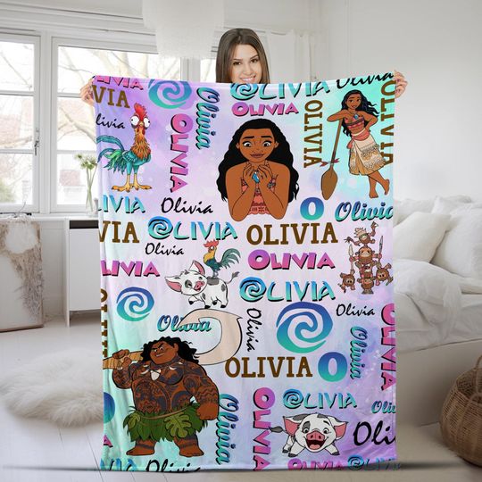Personalized Watercolor Disney Moana Blanket, Baby Princess Moana Birthday Gift
