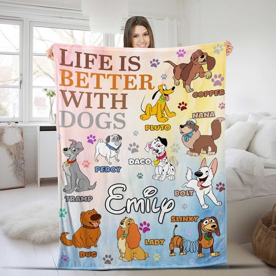 Personalized Disney Dogs Blanket, Custom Name Dog Lovers Baby Girl Blanket