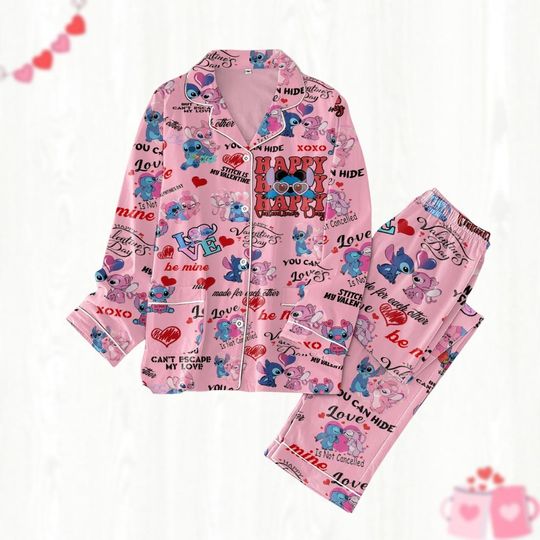 Valentines Day Stitch And Angel Pajamas Set, Disney Ohana Women Pajamas, Disneyland Trip Shirt