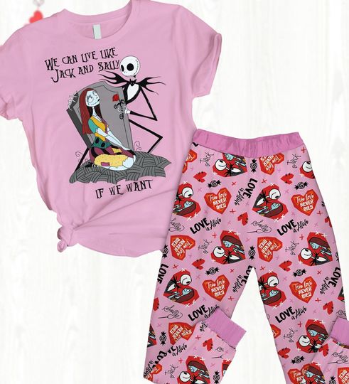 Valentines Nightmare Before Christmas Pajamas Set, Jack And Sally Shirt, Disney Couple Women Pajamas