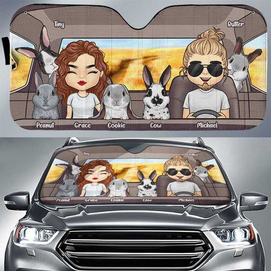 Family Road Trip With Rabbit - Personalized Auto Sunshade - Gift For Couples, Husband Wife