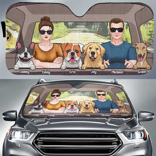 Couple Driving With Dogs - Personalized Auto Sunshade - Gift For Couples, Husband Wife