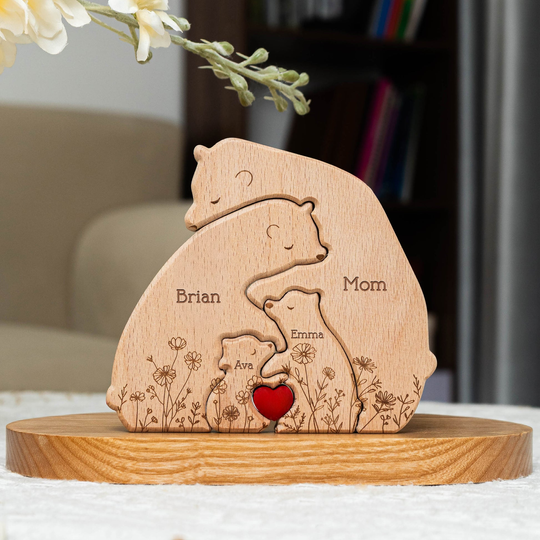 Hugging Bear Family Floral Version - Personalized Wooden Bear Family Puzzle