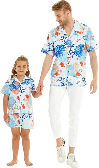 Matchable Hawaiian Luau Father Son Men Aloha Shirt or Boy Aloha Shirt in Flowering Koi Blue