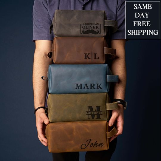 Men’s Leather Toiletry Bag – Custom Groomsmen Gift, Best Man Wedding Favor