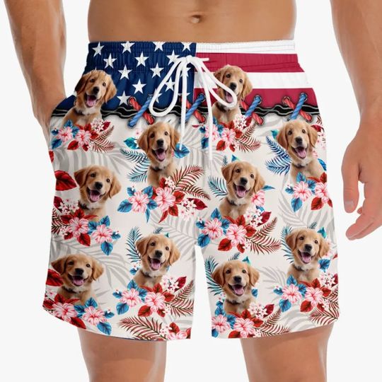 Custom Pet Photo Summer Beach Shorts – Personalized Dog Cat Hawaiian Aloha Shorts