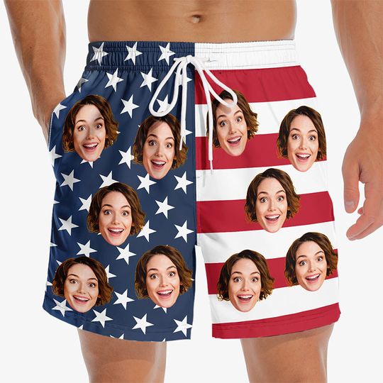 Custom Funny Patriotic Beach Shorts, Red White Blue 4th of July Gift for Husband