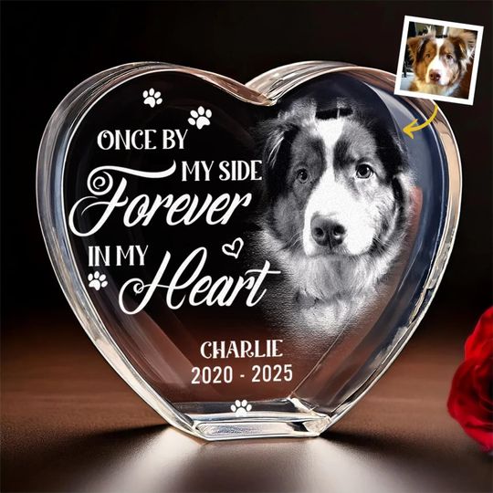 Custom Photo Engraved 3D Crystal Heart Shaped - Personalized Pet Memorial Sympathy Gifts