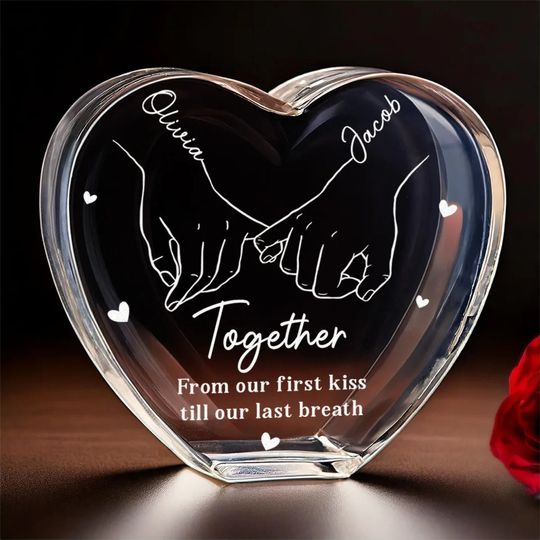 Forever Together, Hand In Hand - Custom Engraved 3D Crystal Heart Shaped