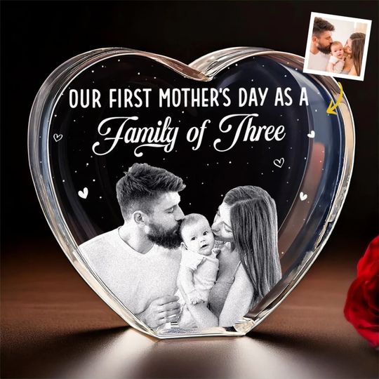 Custom Photo Our First Mother's Day As A Family - Custom Engraved 3D Crystal Heart Shaped