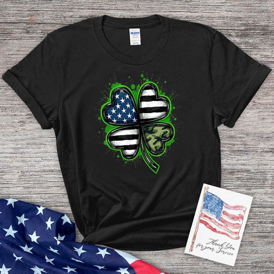 Thin Camo Line Flag St. Patrick's Day Clover T-Shirt