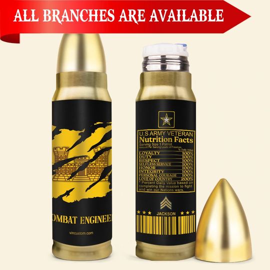 Customized Army Branches Veteran Nutrition Facts Bullet Tumbler
