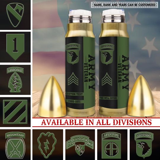 Customized US Army Division Veteran Proudly Served Bullet Tumbler