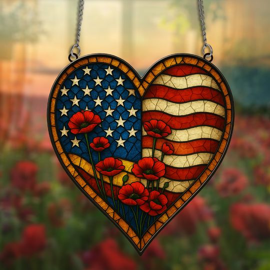 American Flag with Poppies Heart  Hanging suncatcher ornaments