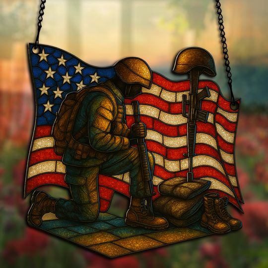 Battle Cross – Soldier Kneeling at Rifle with Waving Flag Background  Hanging suncatcher ornaments
