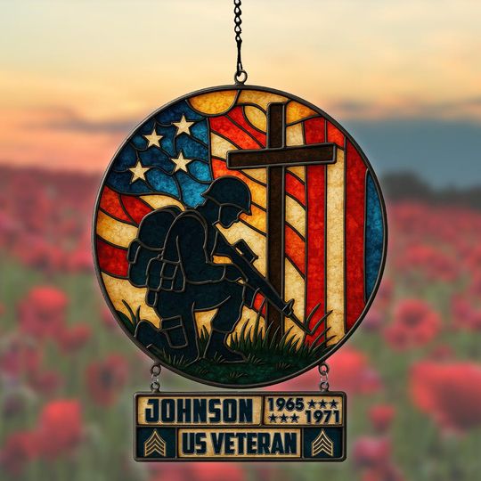 Customized US Veteran: A Silent Kneel Beneath the Cross of Freedom  Hanging suncatcher ornaments