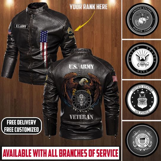 Personalized US Army Veteran Stand Collar Leather Jackets