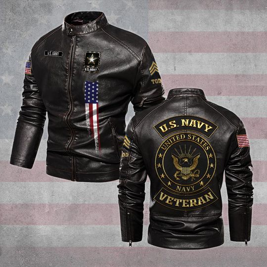 Customized Golden US Veteran Stand Collar Leather Jackets