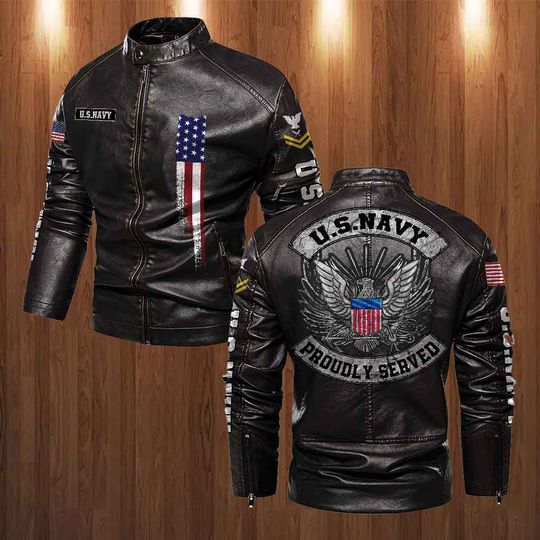 Customized US Navy Proudly Served Stand Collar Leather Jackets