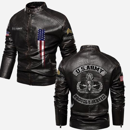 Customized US Army Skill Badges Proudly Served Stand Collar Leather Jackets