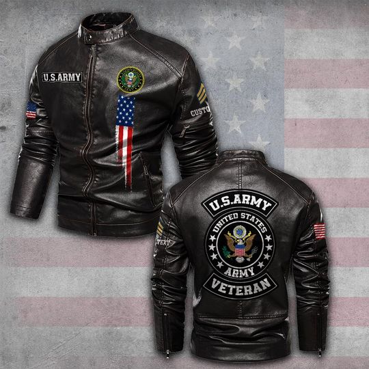 Customized US Veteran Proudly Served Stand Collar Leather Jackets