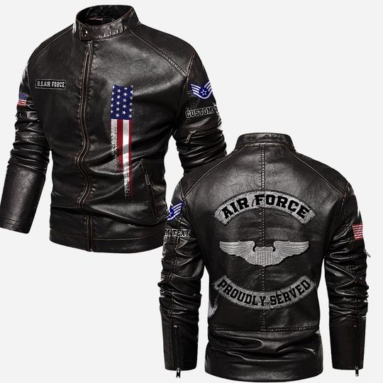Customized USAF Skill Badges Proudly Served Stand Collar Leather Jackets