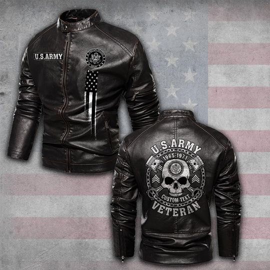 Customized US Veteran Skull Art Stand Collar Leather Jackets