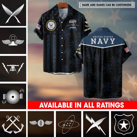 Customized US Navy Ratings Palm Tree Pattern Hawaiian Shirt