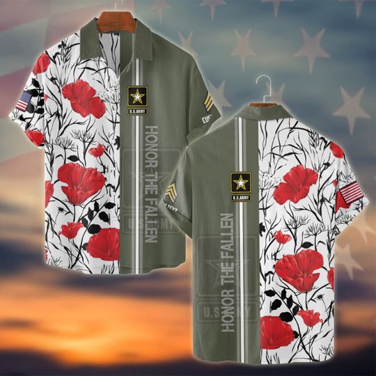 Customized U.S Veteran Floral Red Poppies Pattern Hawaiian Shirt