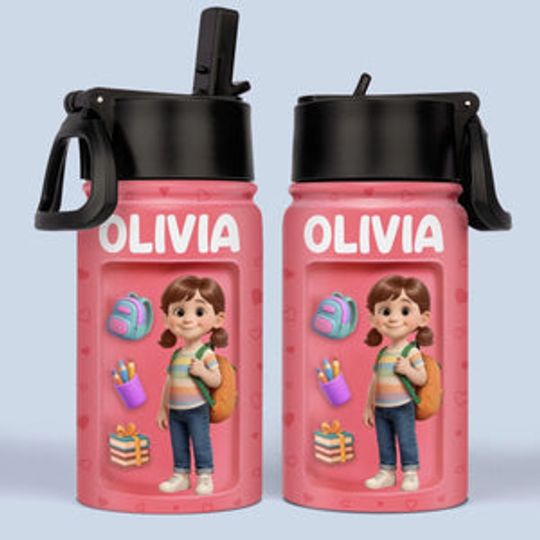 Custom 3D Inflated Effect Printed Kids Water Bottle - Personalized Back To School Gifts For Kids