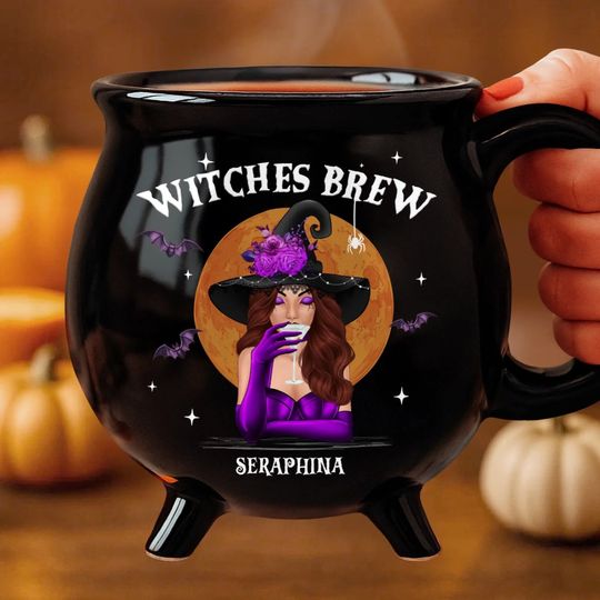 Custom Ceramic Cauldron Coffee Mug - Personalized Halloween Witchy Gifts For Besties, Sisters, BFF, Family, Yourself - She Drinks Like A Queen, But Hexes Like A Goddess