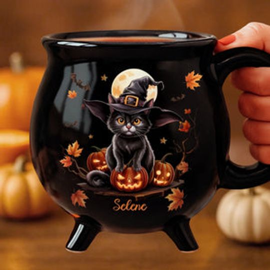Custom Ceramic Cauldron Coffee Mug - Personalized Halloween Witchy Gifts For Besties, Sisters, BFF, Family, Yourself - Purrfectly Spooky