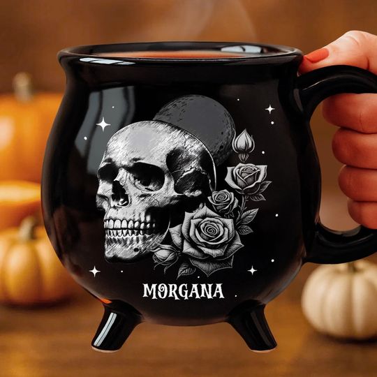 Custom Ceramic Cauldron Coffee Mug - Personalized Halloween Witchy Gifts For Besties, Sisters, BFF, Family, Yourself - Roses And Skulls,  Beauty In The Shadows
