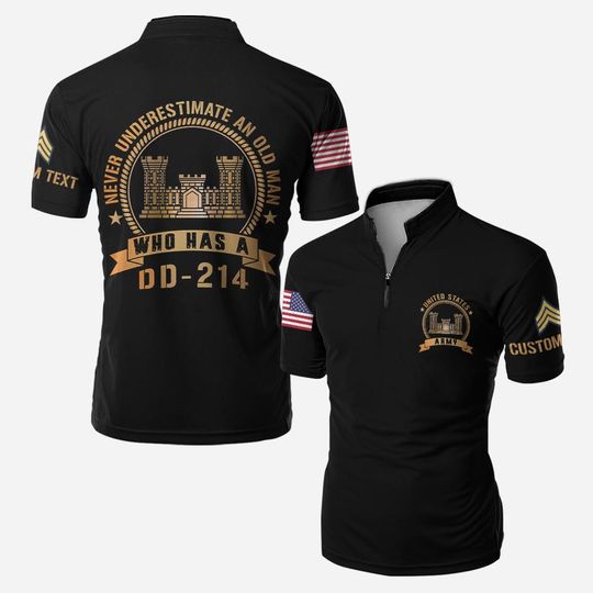 Customized Army Branches Bowling Jersey with "Never Underestimate an Old Man Who Has a DD-214" Design
