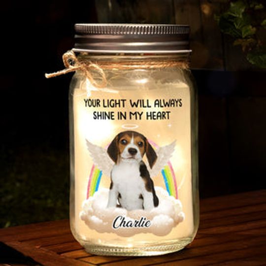 Custom Photo A Piece Of My Heart Is At The Rainbow Bridge - Memorial Custom Mason Jar Light
