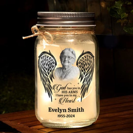 Custom Photo God Has You In His Arms - Memorial Custom Mason Jar Light