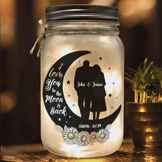 I Love You To The Moon And Back - Couple Personalized Custom Mason Jar Light