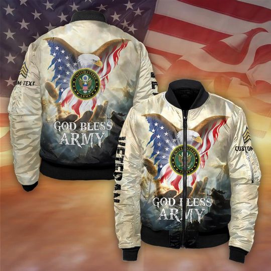 Customized God Bless US Veteran With US Eagle Bomber Jacket