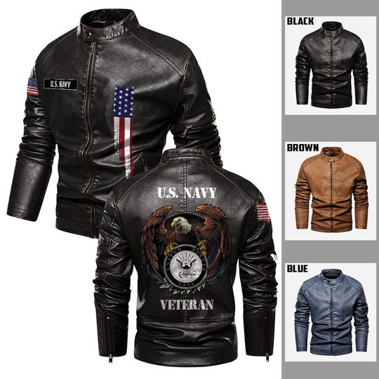 Personalized US Navy Veteran Leather Coat