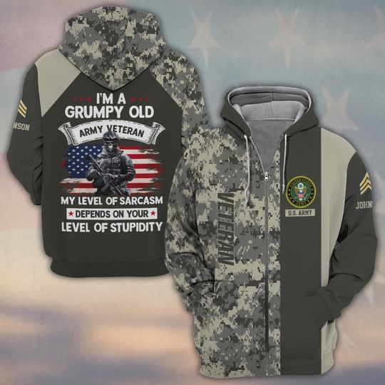 I’m A Grumpy Old Veteran My Level Of Sarcasm Depends On Your Level Of Stupidity 3D Zip Hoodie