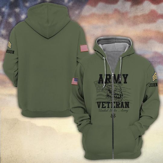Customized US Veteran Proudly Served 3D Zip Hoodie