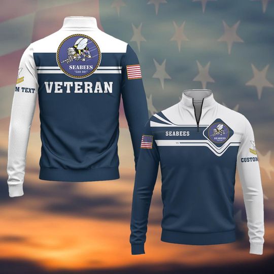 Customized Navy Seabees Veteran Shirts Zip Neck Sweaters