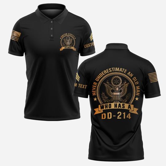 Customized US Veteran Never Underestimate An Old Man Who Has A DD-214 Polo Shirt Patriotic Military Gift